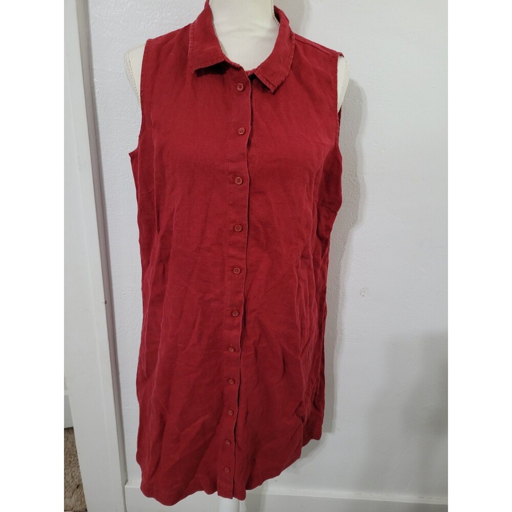 Garnet Hill 100% Linen Red Shirt Dress Lagenlook Minimalist Size 12 Button front